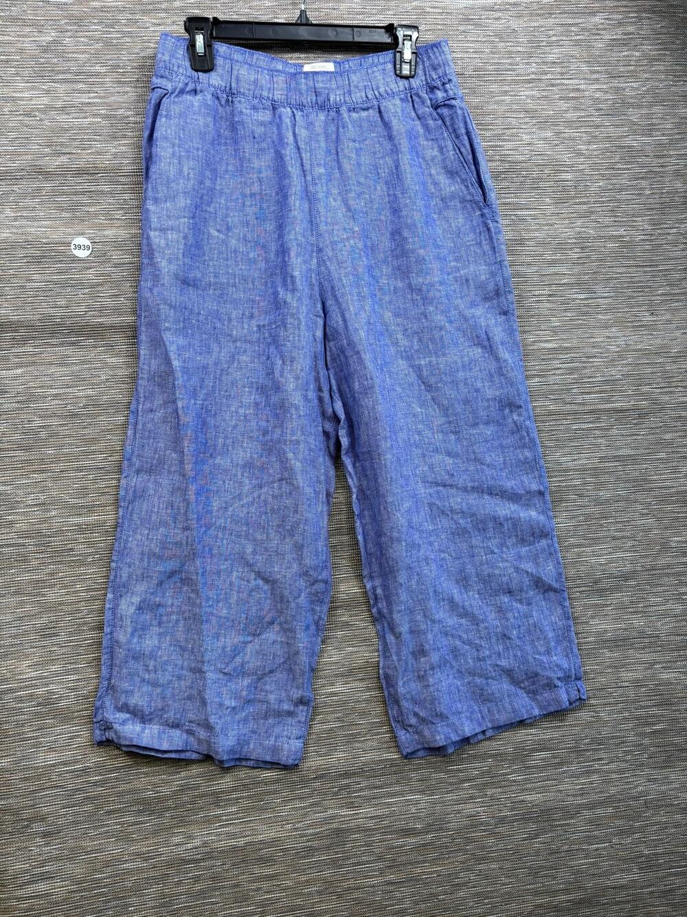 Anthropologie Pants Womens 14 Blue Linen Wide Leg Crop Pull On Elastic Waist